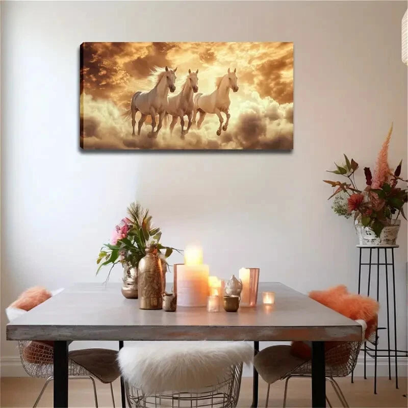 Three White Horses Standing Wall Art Canvas Office Home Room Framed 120x60cm - Bella Home Decor