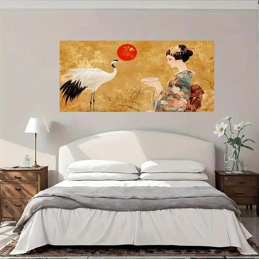 Japanese Crane & Woman Wall Art Canvas Office Home Room Framed 120x60cm