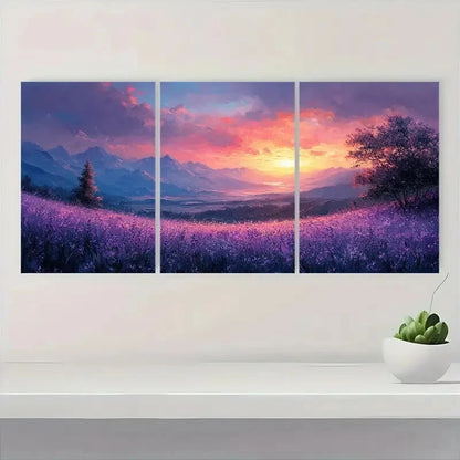 3pcs Soft Pastel Floral Fields with Mountains Metal Print Ready to Hang Art - Bella Home Decor