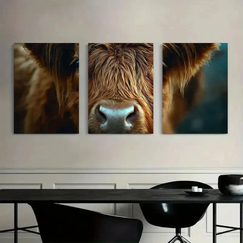 3pcs Brown Highland Cow with Long Hair Metal Print Ready to Hang Art - Bella Home Decor