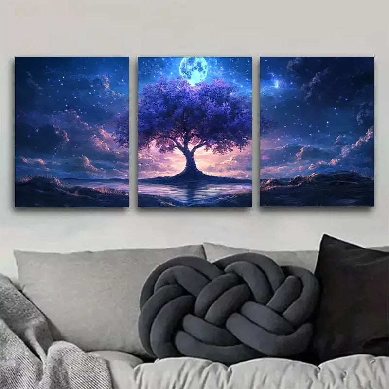 3pcs Magical Tree Moon and Starry Sky Art Set Canvas Framed 50x70cm - High Quality Print 100% Australian Made Wall Canvas Ready to Hang