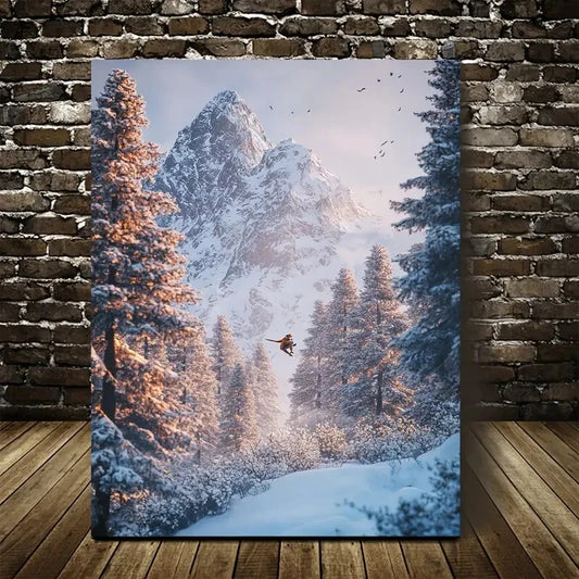 Beautiful Snowy Mountain Squirrel Scene Pine Painting 40x60cm Metal Print Ready to Hang - Bella Home Decor