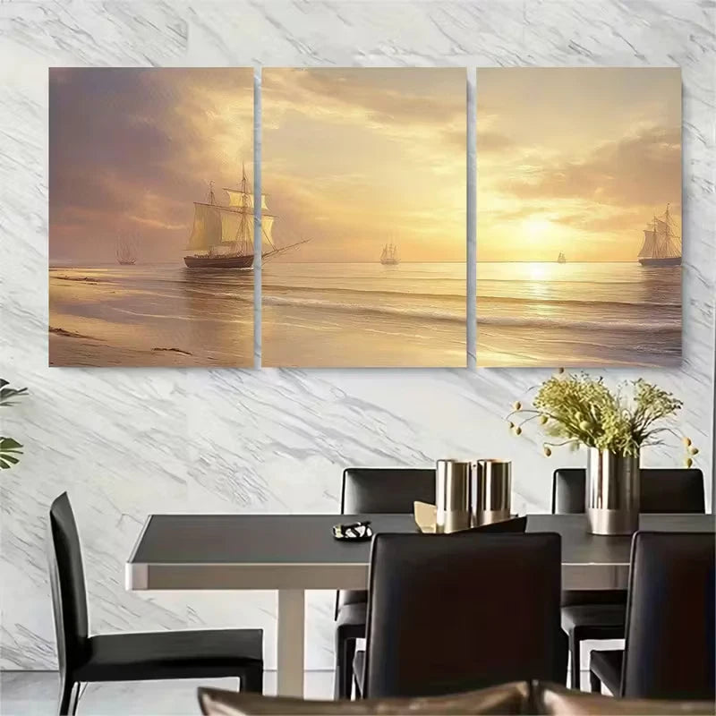 3pcs Serene Ocean & Pastel Sunset Metal Print Ready to Hang Art
