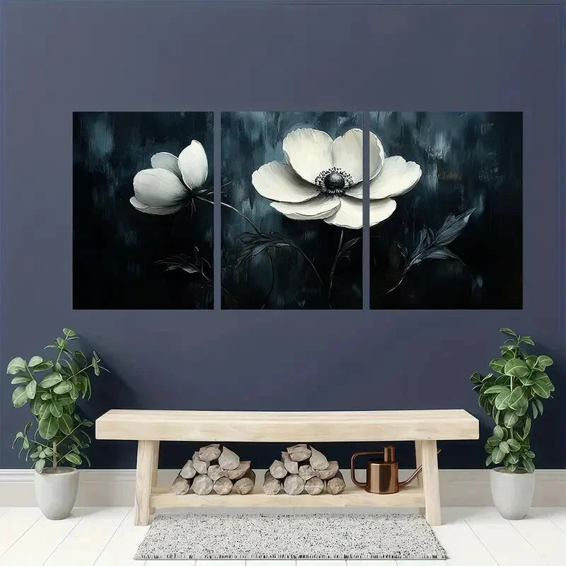 3pcs Abstract Elegant Black and White Floral Metal Print Ready to Hang Art - Bella Home Decor