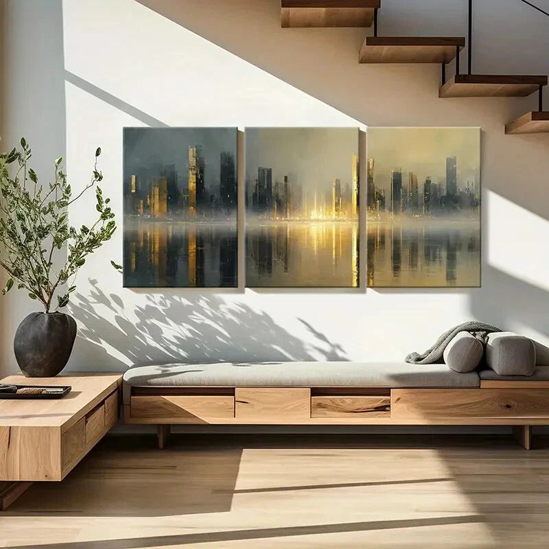 3pcs Cityscape Reflection Urban Skyline Futurist Metal Print Ready to Hang Art - Bella Home Decor