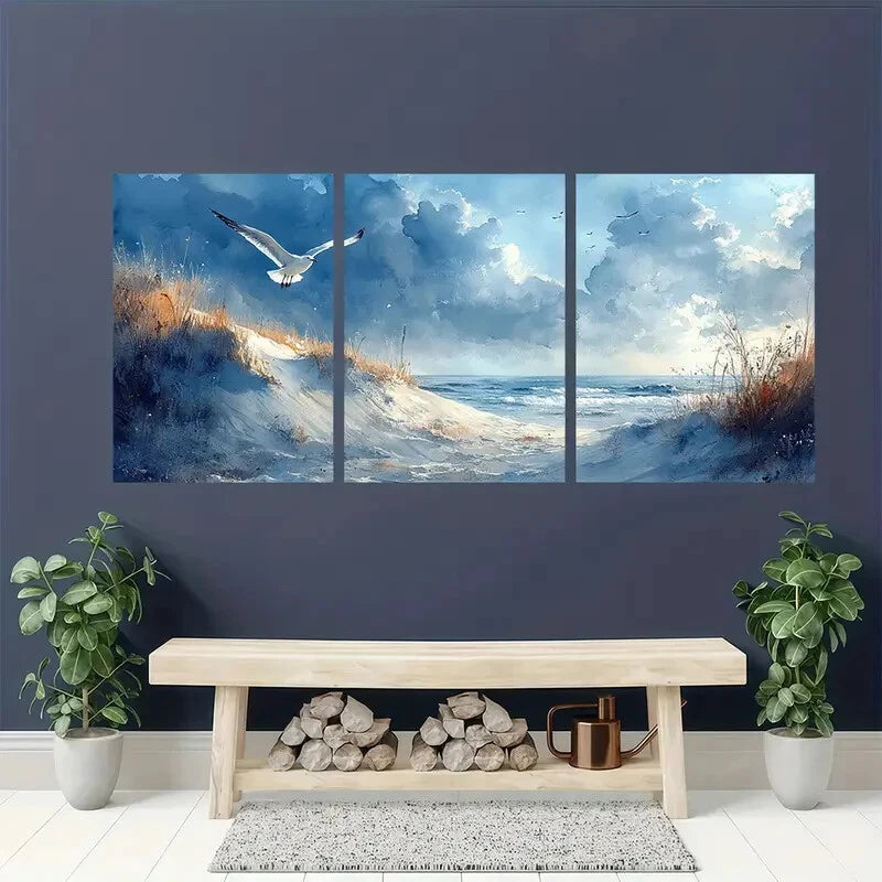 3pcs Sand Dunes and Seagulls Watercolor Beach Land Metal Print Ready to Hang Art - Bella Home Decor