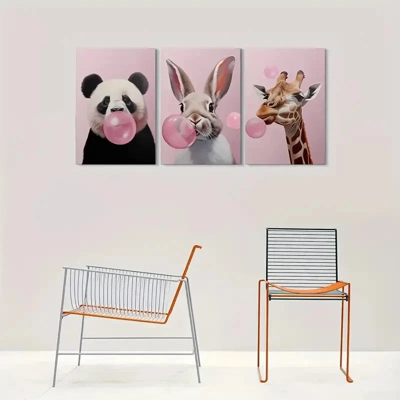 3pcs Adorable Animal Panda Rabbit Giraffe Blowing Metal Print Ready to Hang Art - Bella Home Decor
