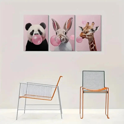 3pcs Adorable Animal Panda Rabbit Giraffe Blowing Metal Print Ready to Hang Art - Bella Home Decor