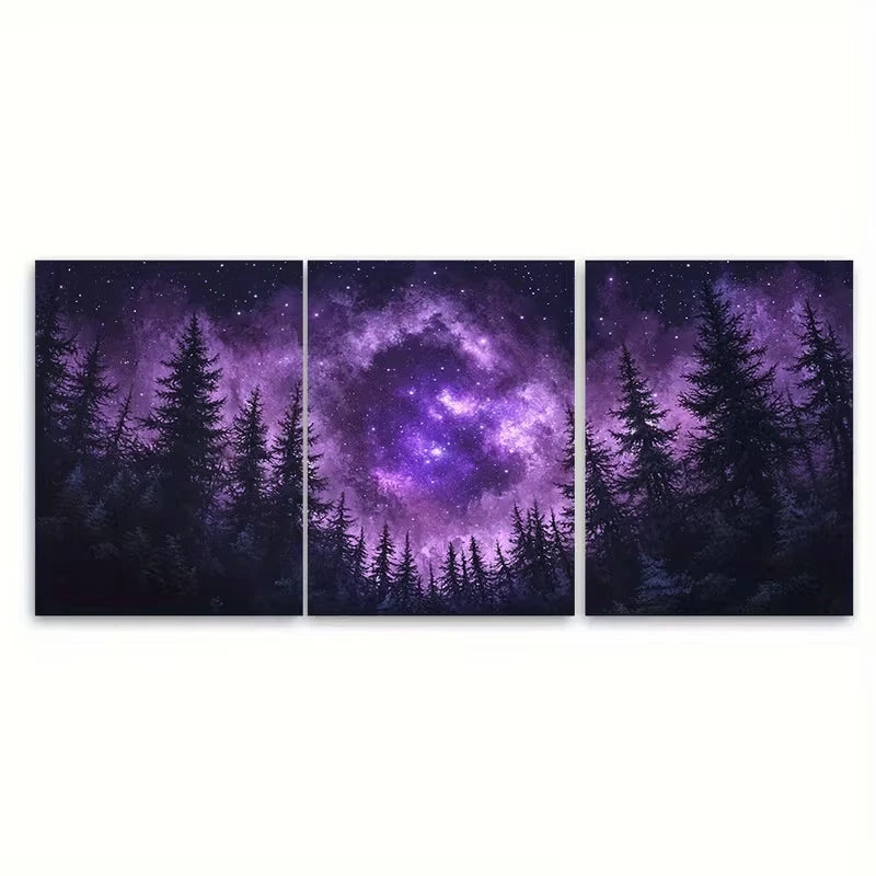 3pcs Purple Starry for Galaxy Above Forest Metal Print Ready to Hang Art