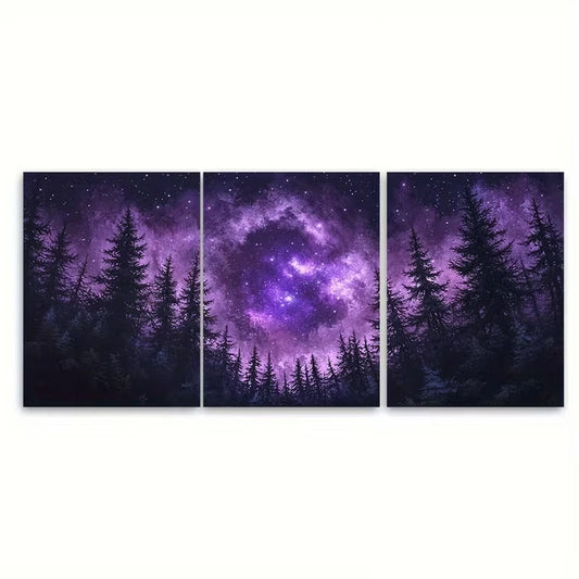 3pcs Purple Starry for Galaxy Above Forest Metal Print Ready to Hang Art