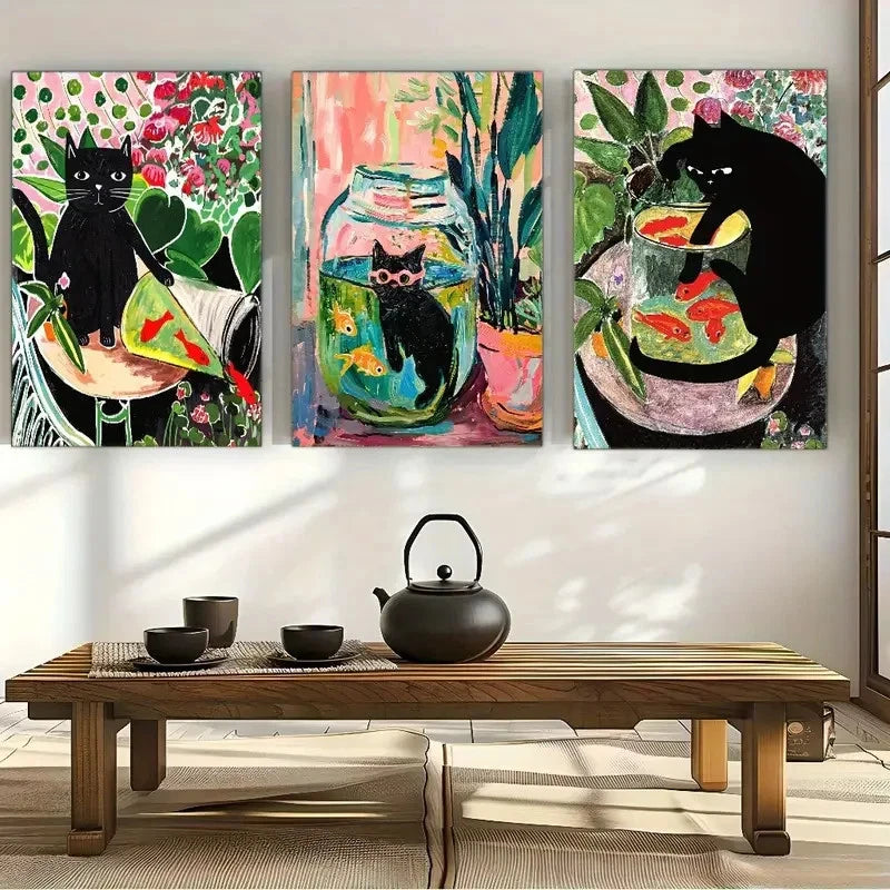 3pcs Cute Black Cat Goldfish and Floral Metal Print Ready to Hang Art - Bella Home Decor