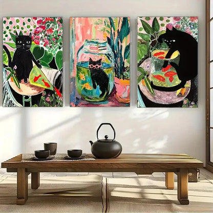 3pcs Cute Black Cat Goldfish and Floral Metal Print Ready to Hang Art - Bella Home Decor