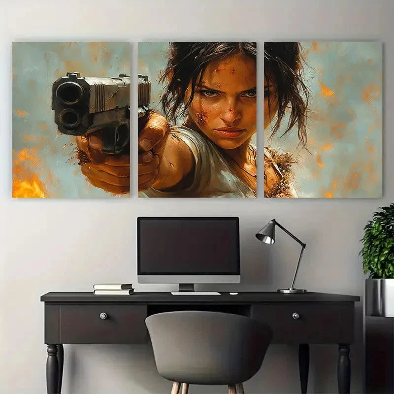 3pcs Strong Woman Fighter with Gun Destroyed Wall Art Set Canvas Framed 60x90cm - High Quality Print 100% Australian Made Wall Canvas Ready to Hang