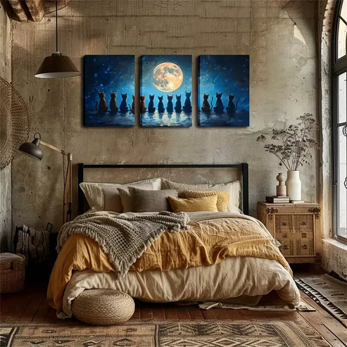 3pcs A Row Of Cats Looking Up At The Moon Wall Art Canvas Unframed - High Quality Print 100% Australian Made Wall Canvas - Bella Home Decor