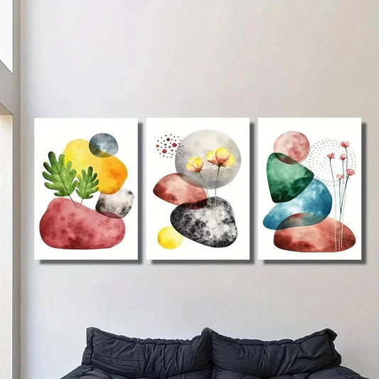 3pcs colorful geometric stones and botanical flower Metal Print Ready to Hang Art