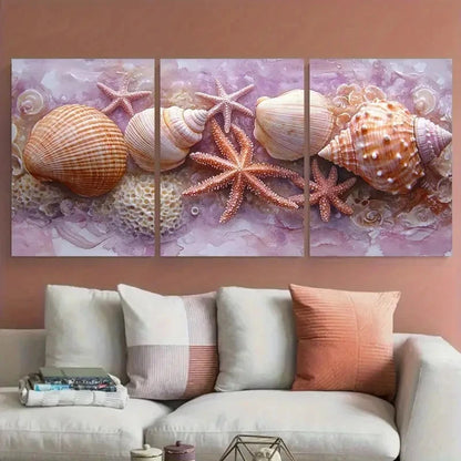 3pcs Delicate Sea Shell Coral Starfish Wall Art Set Canvas Framed 50x70cm - High Quality Print 100% Australian Made Wall Canvas Ready to Hang - Bella Home Decor
