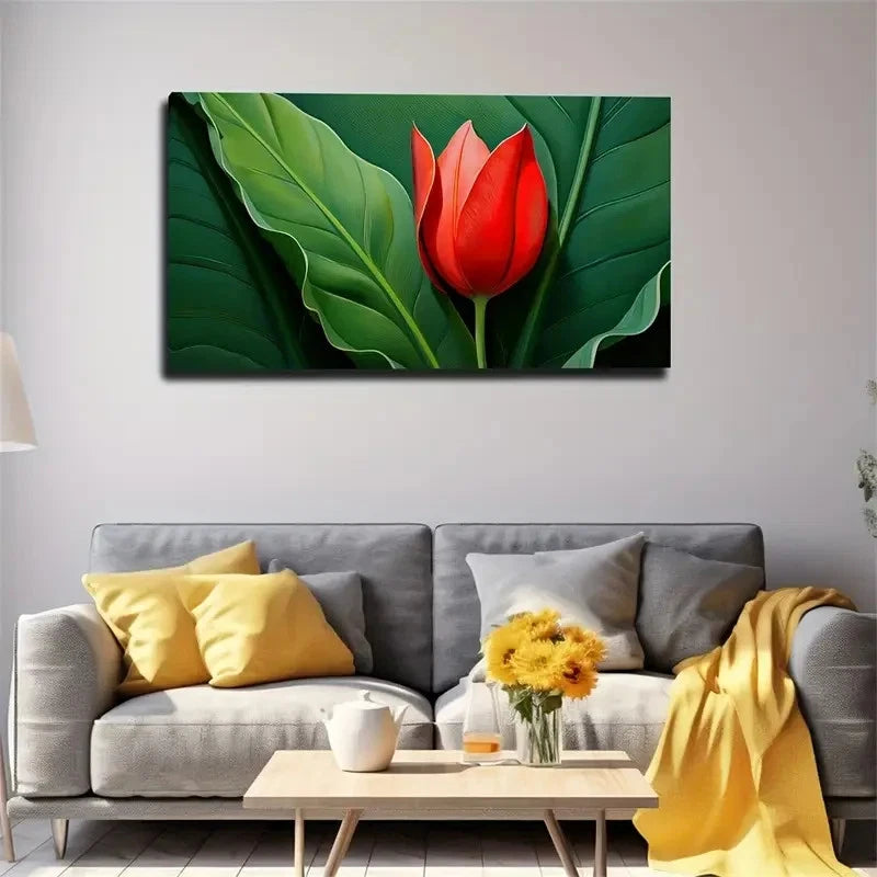 Vibrant Red Tulip Green Leave Wall Art Canvas Office Home Room Framed 120x60cm