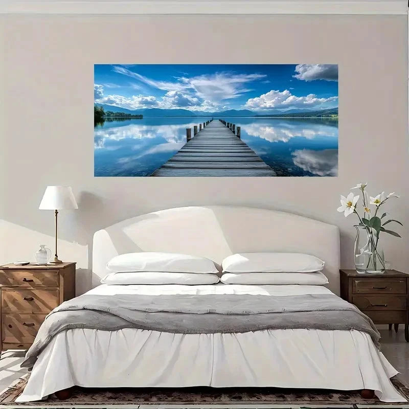 Wooden Dock Reflection Lake Wall Art Canvas Office Home Room Framed 120x60cm