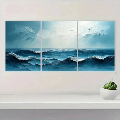 3pcs Abstract Ocean Waves Decorative Painting Metal Print Ready to Hang Art - Bella Home Decor