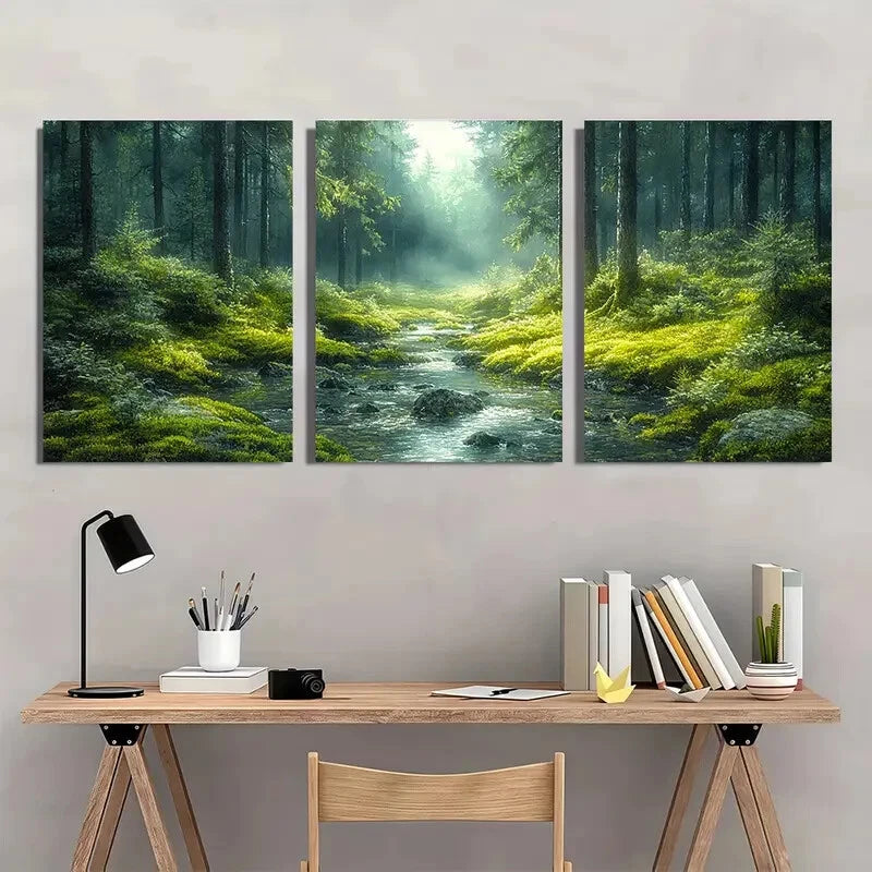 3pcs Dark Misty Woodland Scene with Sunlight Metal Print Ready to Hang Art - Bella Home Decor