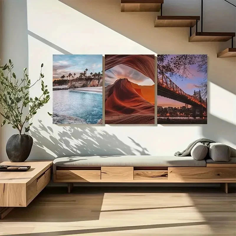 3pcs Vibrant Sunset & Coastal Scenery Metal Print Ready to Hang Art