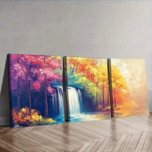 3pcs A Waterfall In The Forest Nature Wall Art Set Canvas Framed 50x70cm - High Quality Print 100% Australian Made Wall Canvas Ready to Hang