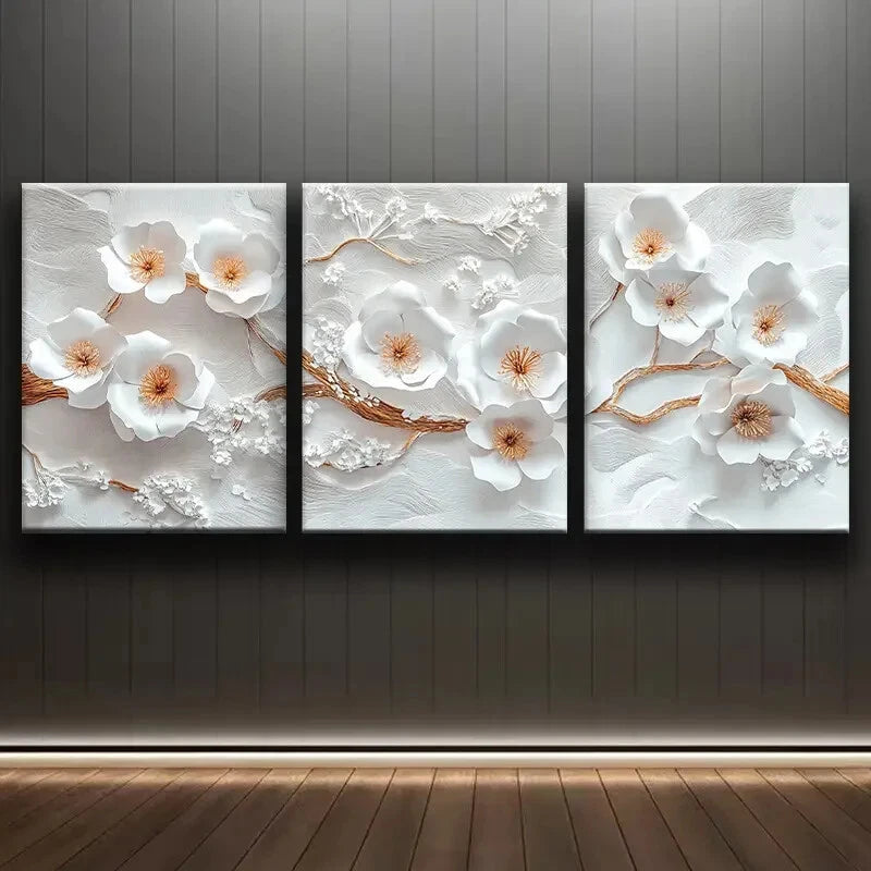 3pcs Elegant White Flower Tree Classic & Modern Metal Print Ready to Hang Art - Bella Home Decor