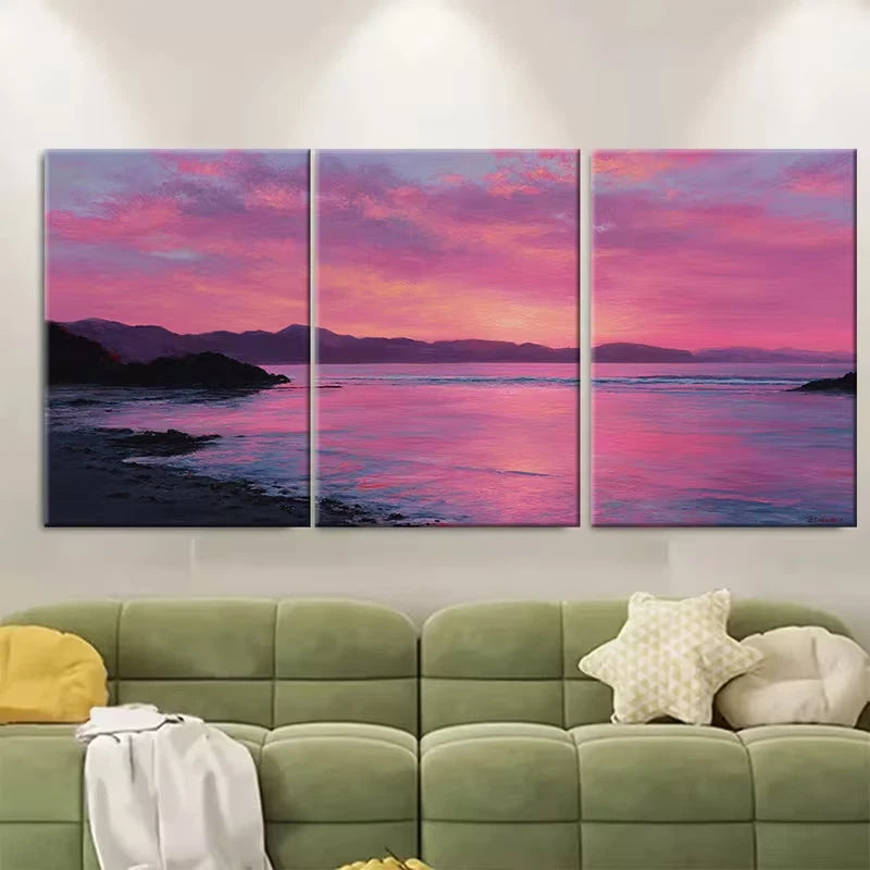 3pcs Coastal Serenity: Pink Sunset Landscape Metal Print Ready to Hang Art