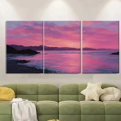 3pcs Coastal Serenity: Pink Sunset Landscape Metal Print Ready to Hang Art