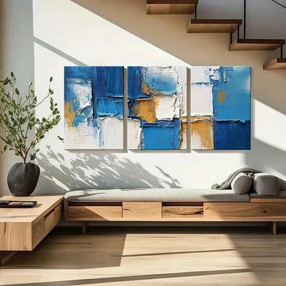 3pcs Abstract Blue Textured Geometric Wall Art Set Canvas Unframed - High Quality Print 100% Australian Made Wall Canvas - Bella Home Decor