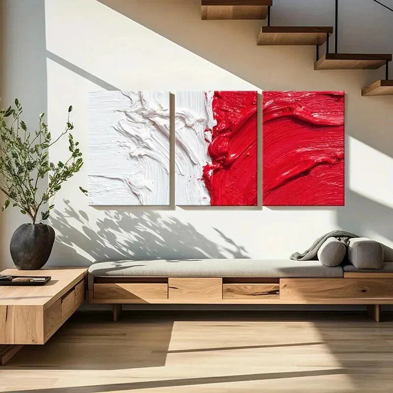 3pcs Abstract Art Red White Contrast Design Metal Print Ready to Hang Art - Bella Home Decor