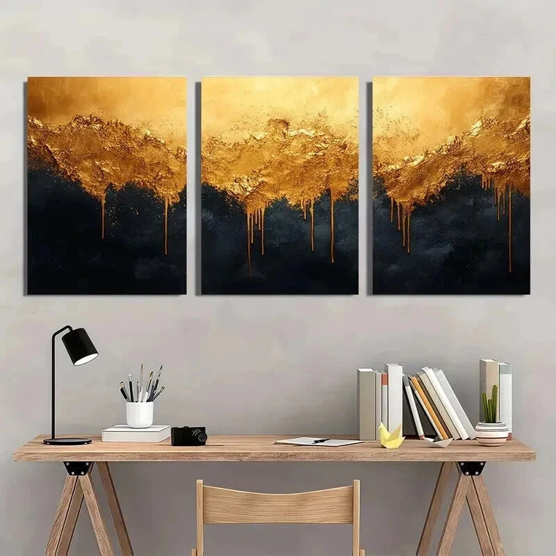 3pcs Vibrant Golden Black Design Wall Art Set Canvas Framed 50x70cm - High Quality Print 100% Australian Made Wall Canvas Ready to Hang - Bella Home Decor