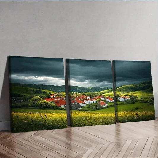 3pcs A little village with red roofs Wall Art Set Canvas Framed 50x70cm - High Quality Print 100% Australian Made Wall Canvas Ready to Hang