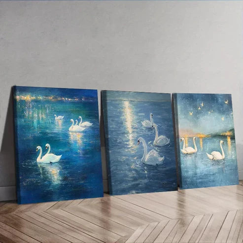 3pcs A Group Of Swans In The Water Wall Art Set Canvas Framed 60x90cm - High Quality Print 100% Australian Made Wall Canvas Ready to Hang