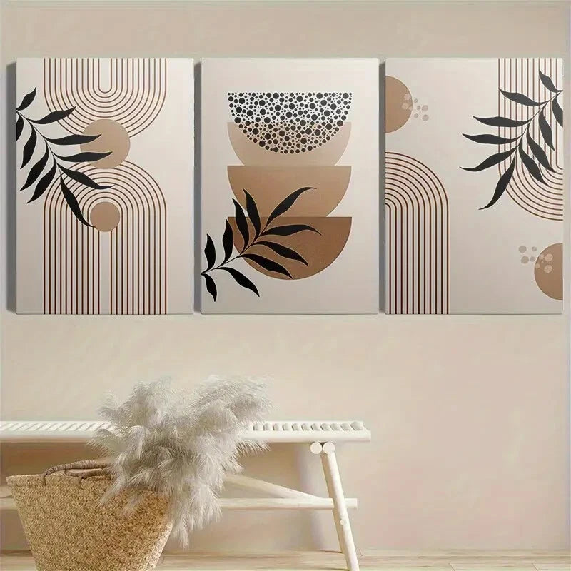 3pcs Neutral Tone Geometric & Leaf Metal Print Ready to Hang Art - Bella Home Decor