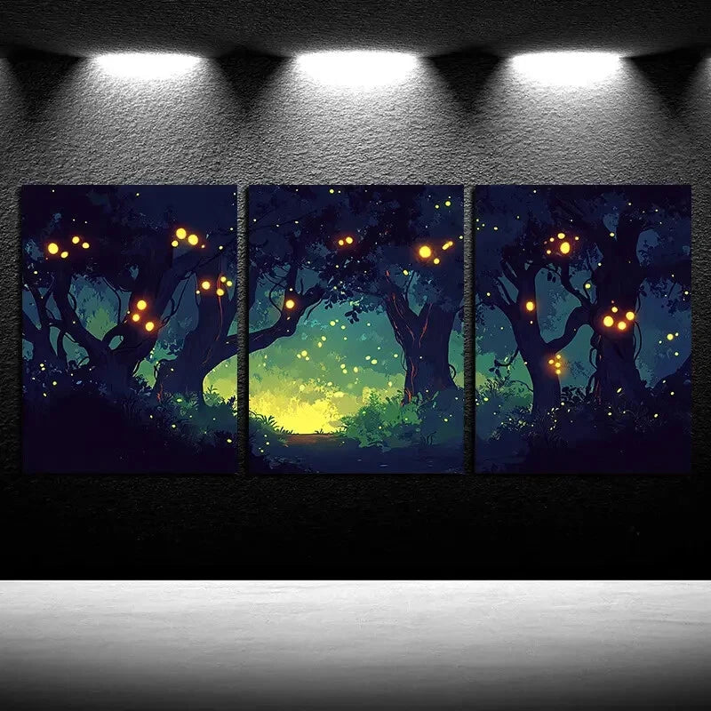 3pcs Fluorescent Forest Mystical Night Scene Metal Print Ready to Hang Art - Bella Home Decor
