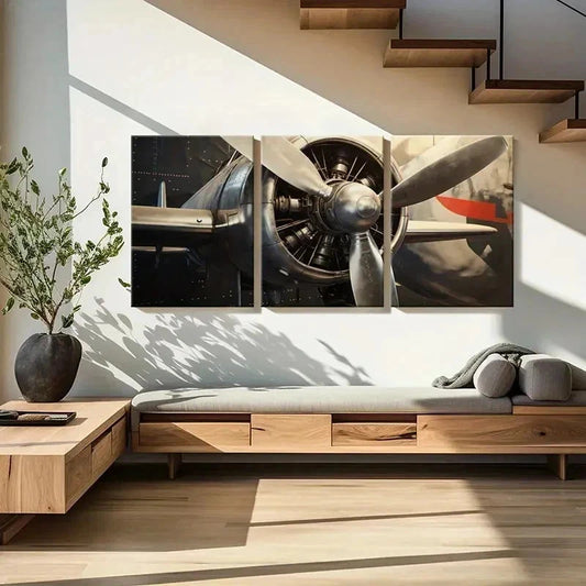 3pcs Airplane Propeller Engine Vintage Wall Art Set Canvas Framed 40x60cm - High Quality Print 100% Australian Made Wall Canvas Ready to Hang