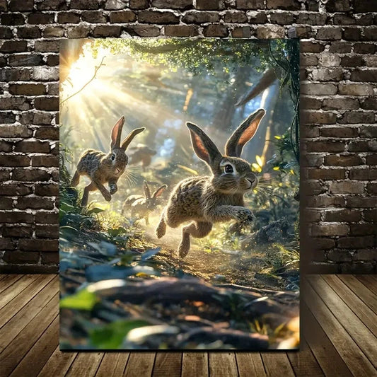 Enchanting Rabbit Chase Scene with Sunlit Painting  40x60cm Metal Print Ready to Hang - Bella Home Decor