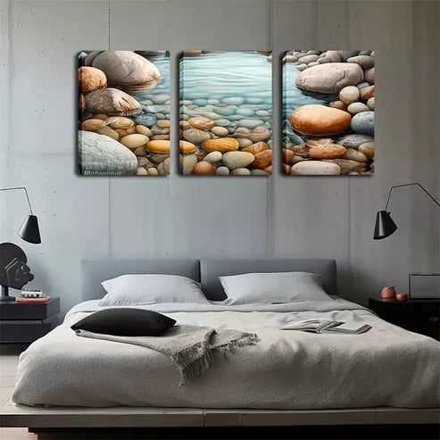 3pcs Oil Painting, Pebbles And Streams, Wall Art Canvas Unframed - High Quality Print 100% Australian Made Wall Canvas