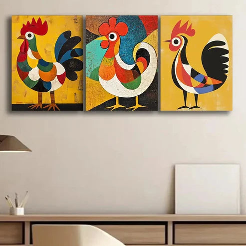 3pcs Abstract Rooster Colorful Perfect Wall Art Set Canvas Unframed - High Quality Print 100% Australian Made Wall Canvas - Bella Home Decor
