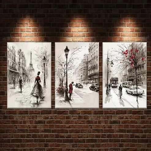 3pcs Street with People Cars and Eiffel Tower Wall Art Set Canvas Unframed - High Quality Print 100% Australian Made Wall Canvas