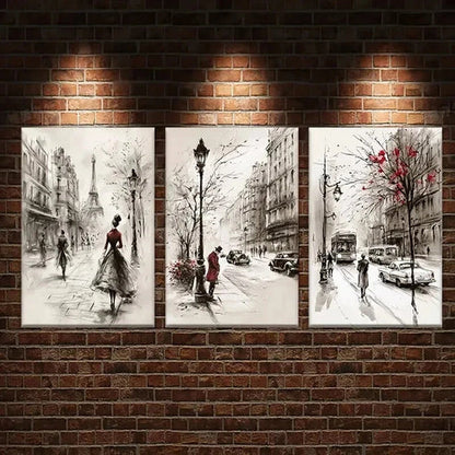 3pcs Street with People Cars and Eiffel Tower Wall Art Set Canvas Unframed - High Quality Print 100% Australian Made Wall Canvas
