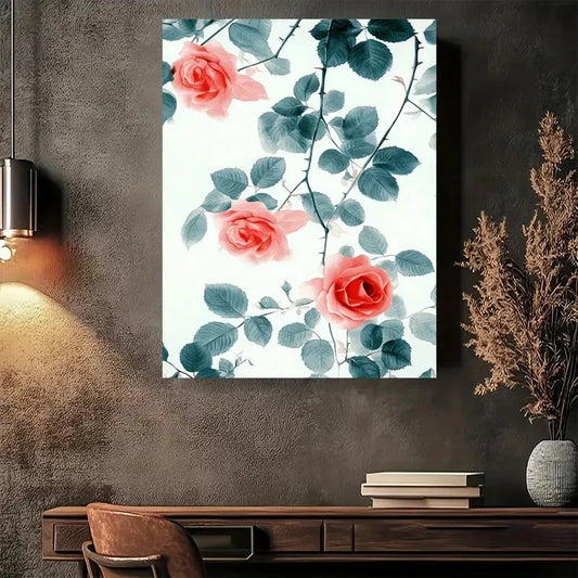 Beautiful Elegant Roses & Leaves Minimalist Painting 40x60cm Metal Print Ready to Hang
