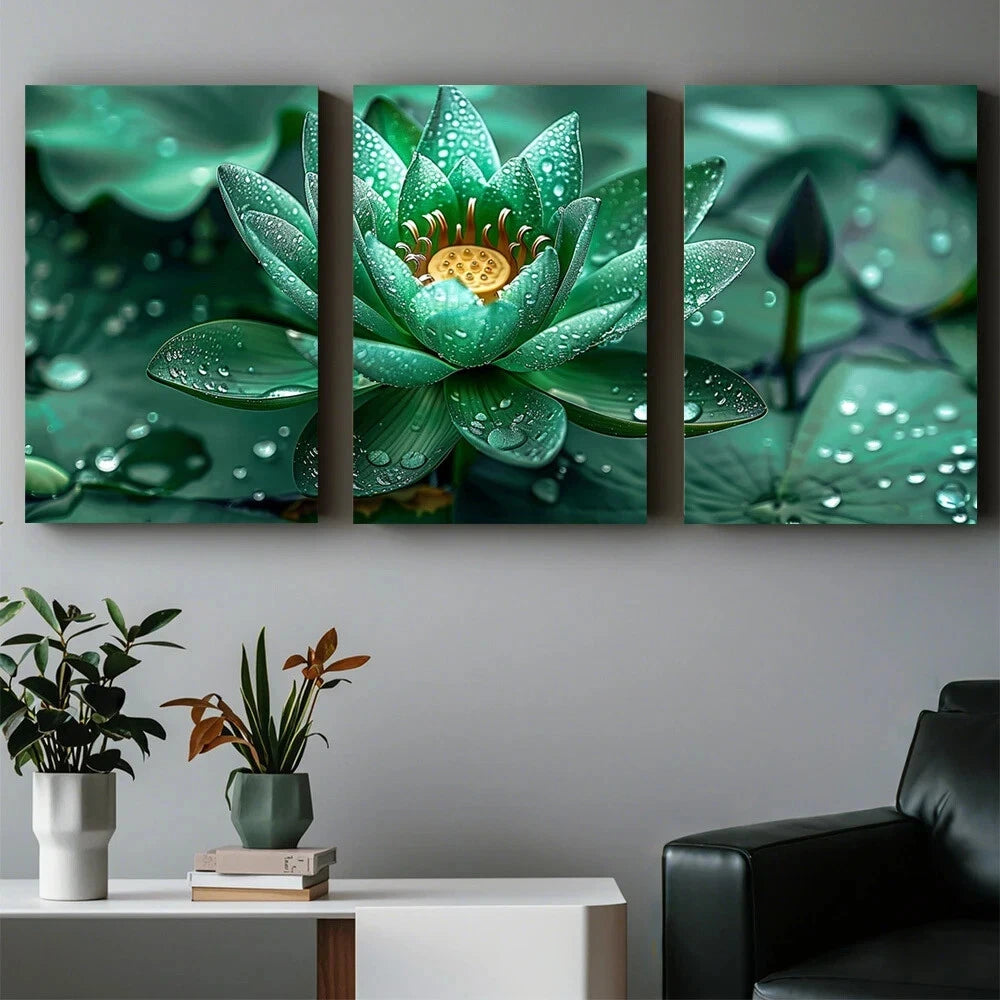 3pcs Abstract Green Lotus and Water Beads Metal Print Ready to Hang Art