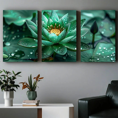 3pcs Abstract Green Lotus and Water Beads Metal Print Ready to Hang Art