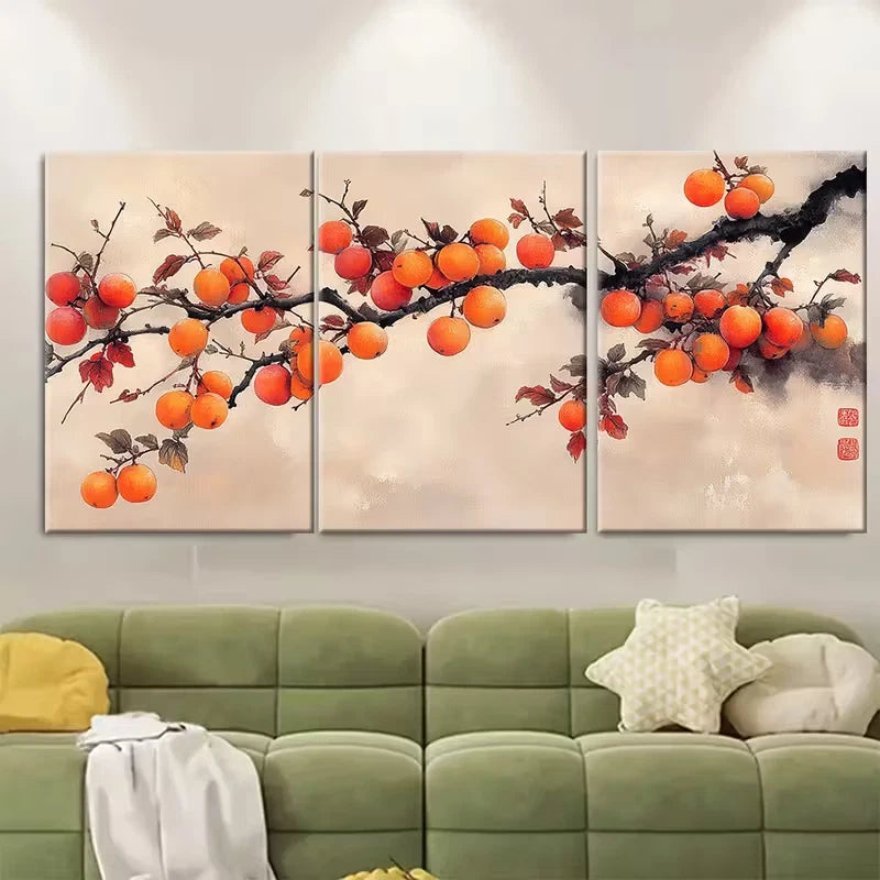 3pcs Elegant Persimmon Branch Metal Print Ready to Hang Art
