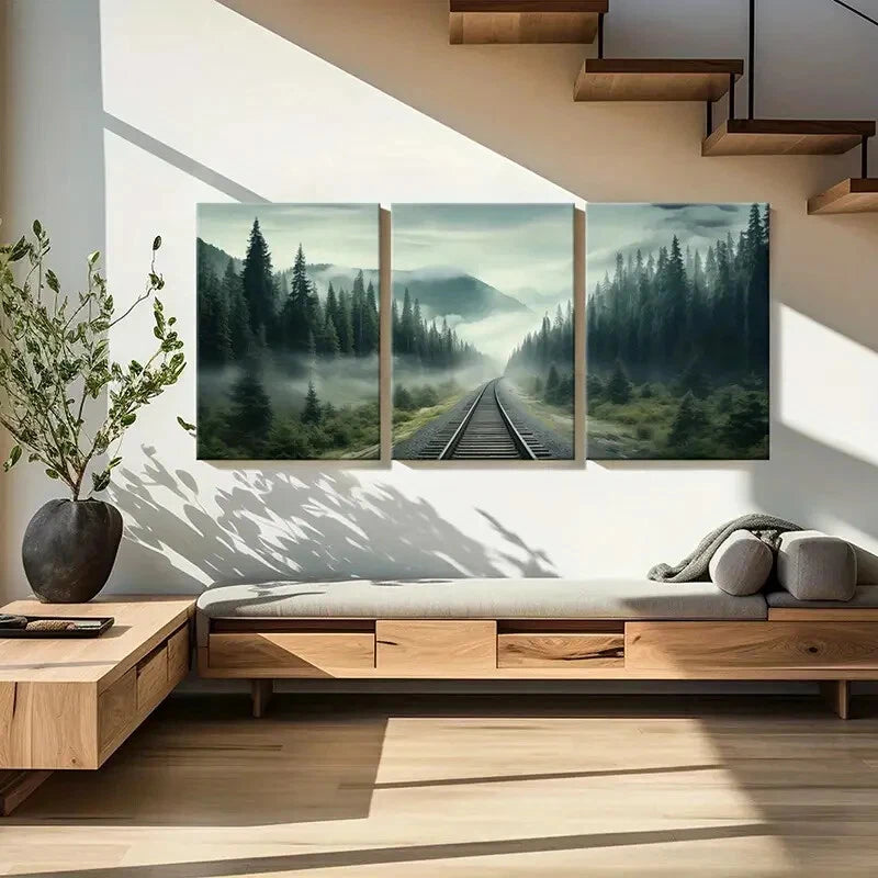 3pcs Misty Forest Railway Tracks Mountain Lands Metal Print Ready to Hang Art - Bella Home Decor
