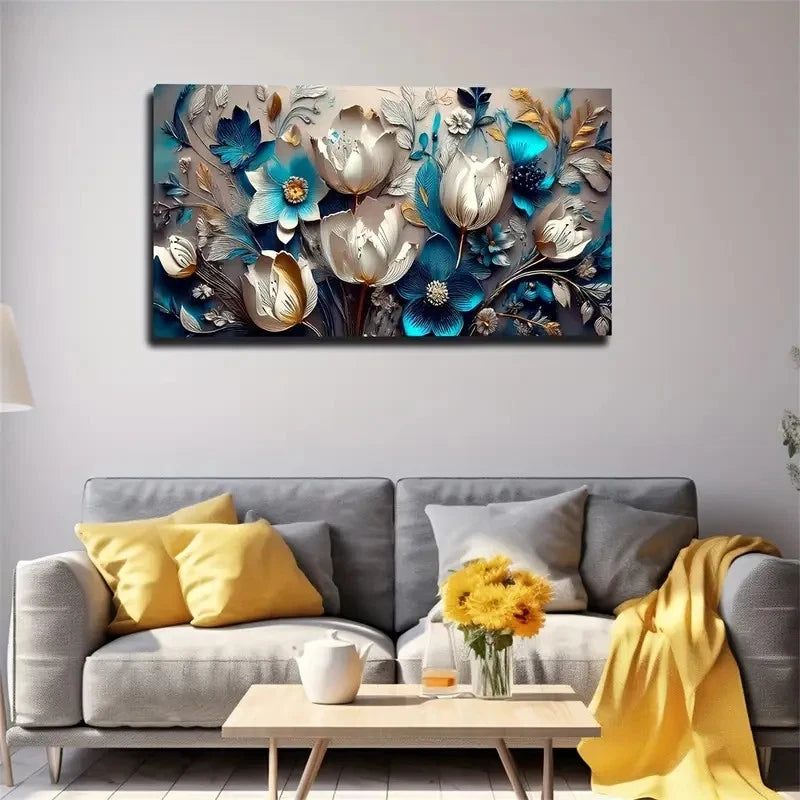 Golden & Blue Flowers Wall Art Canvas Office Home Room Framed 120x60cm