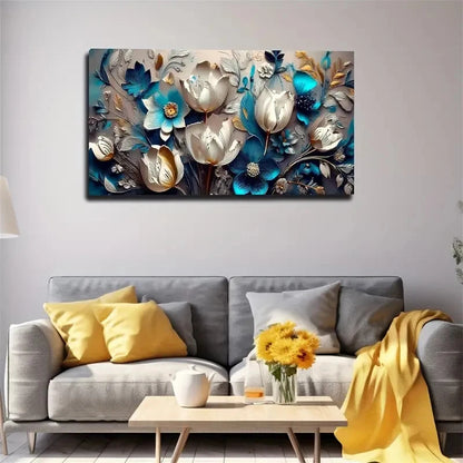 Golden & Blue Flowers Wall Art Canvas Office Home Room Framed 120x60cm