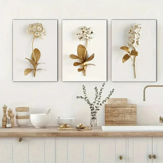 3pcs Golden Simple White Flower Paintings Metal Print Ready to Hang Art